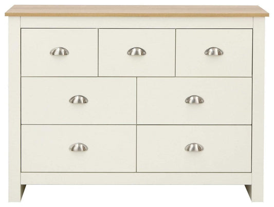 GFW Lancaster Wooden 7 Drawer Chest With Steel Cup Handle & 28.4 Litre Drawers, Modern Bedroom Furniture Chest Of Drawers Storage Unit, Contrast Oak