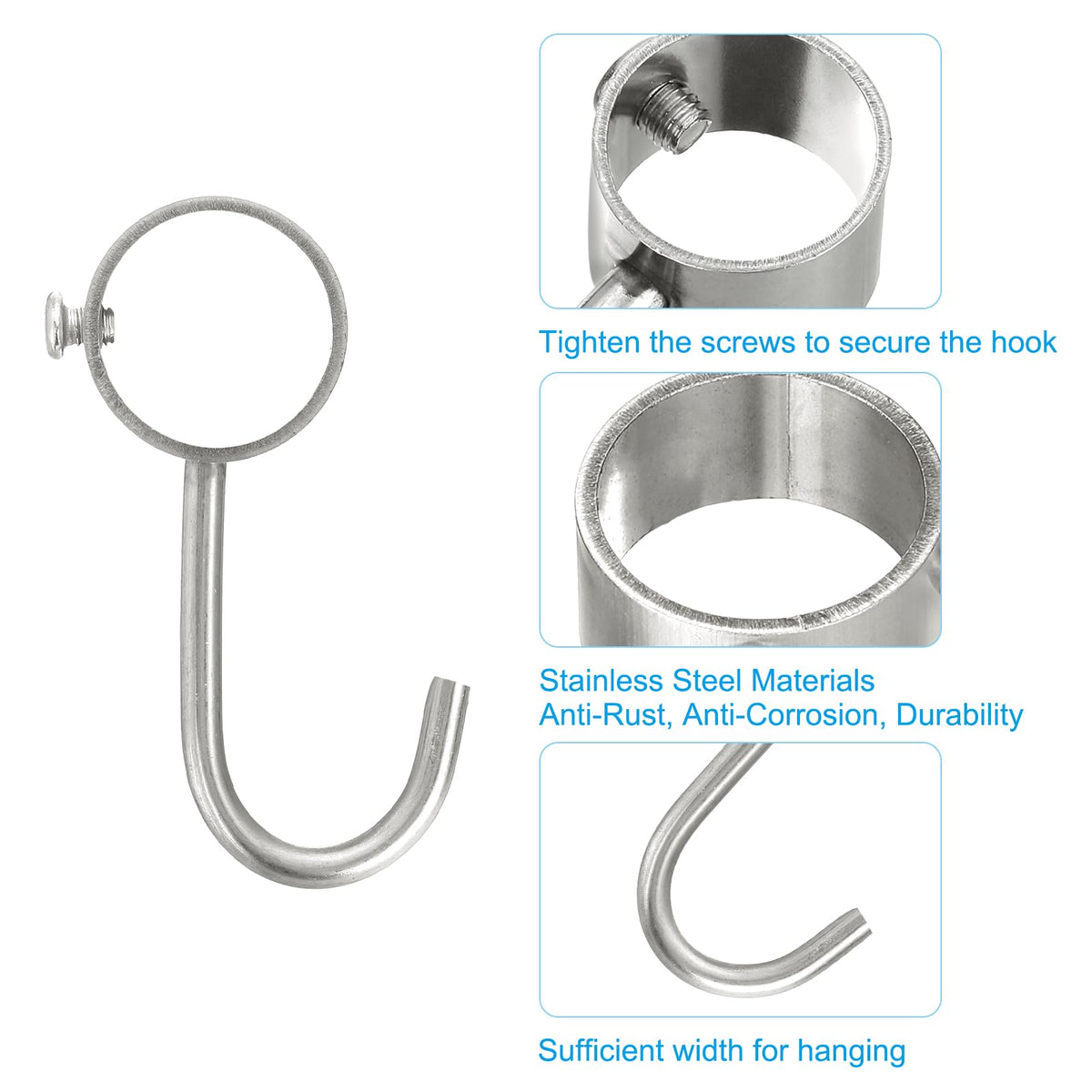 Sourcing Map 6Pcs Stainless Steel Pipe Rod Hooks, Silver, 25mm/0.98" Inner Dia, Adjustable Closet Rod Hooks, Coat Hook for Wardrobe Hanging Pots