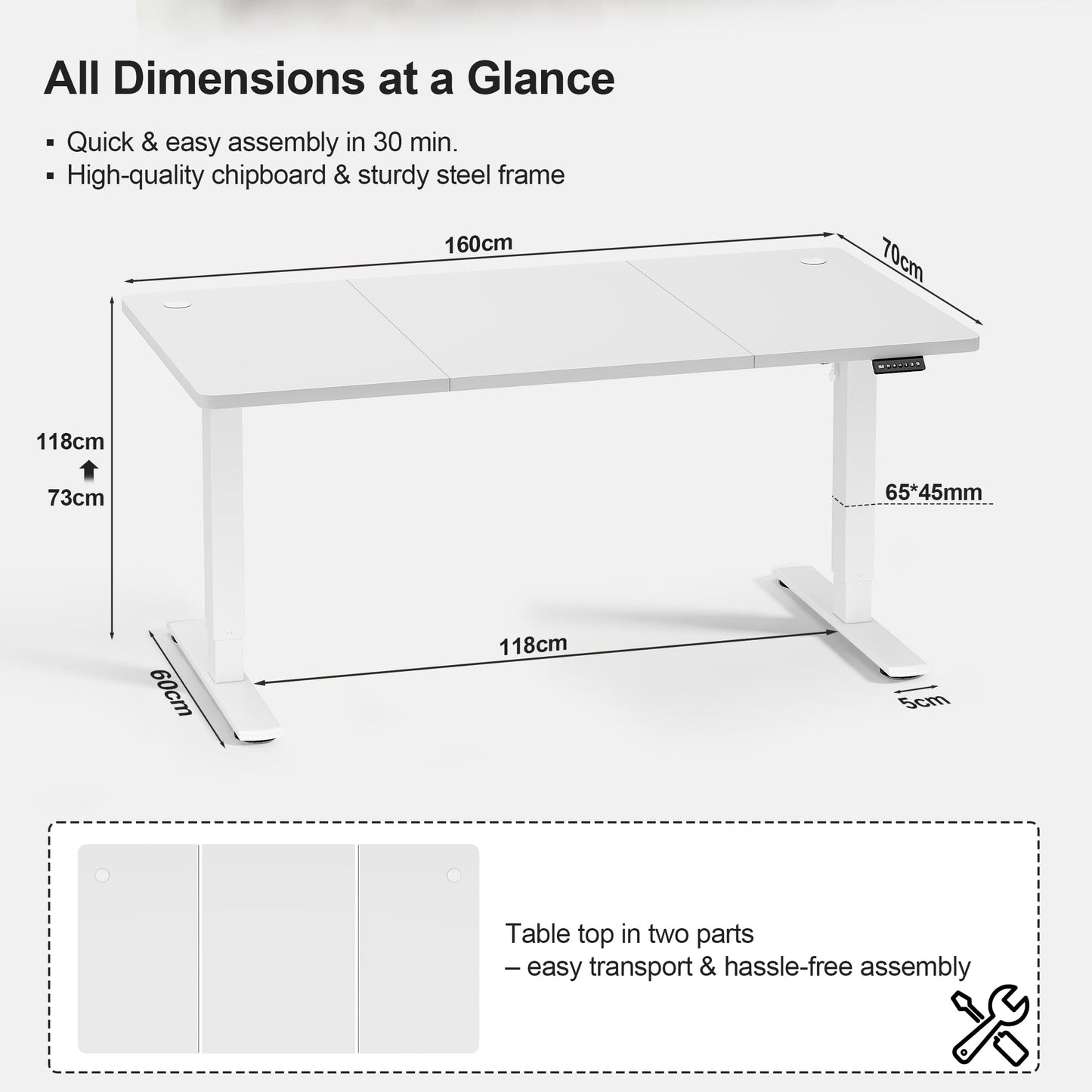 JUMMICO Electric Standing Desk 160x60cm – Height Adjustable with USB Charging, Sedentary Reminder, Memory Heights for Home Office Use, White