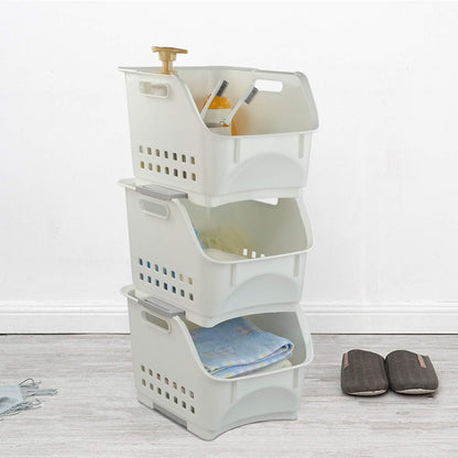 Zerdyne 3 Packs Plastic Stacking Storage Basket, White Stackable Storage Rack Baskets