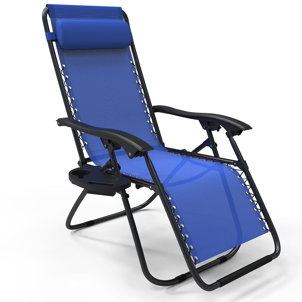 VOUNOT? Zero Gravity Chair, Deck Folding Recliner Sun Loungers Outdoor Chair with Cup and Phone Holder, Blue