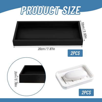 2 Pcs Bathroom Vanity Tray with 2 Soap Tray, 20 × 10 cm Black Rectangular Silicone Decorative Tray for Storage Perfume, Candles, Soap, Dressing