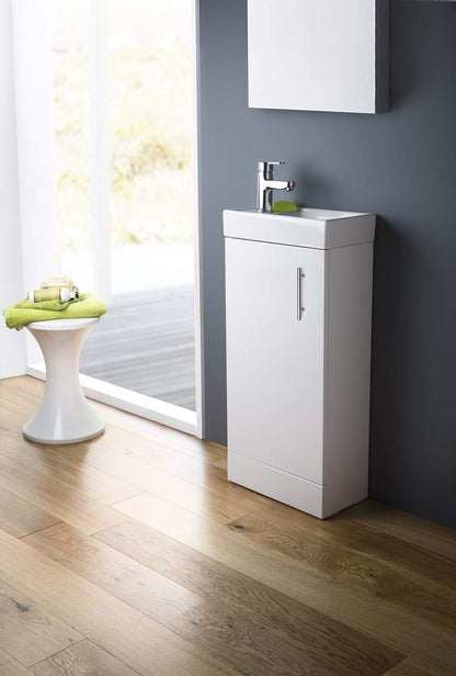 Nuie MIN010 Vault Modern Bathroom Single Soft Close Door Wall Hung Vanity Unit with 1 Tap Hole Ceramic Basin, 400mm, Woodgrain Charcoal Black