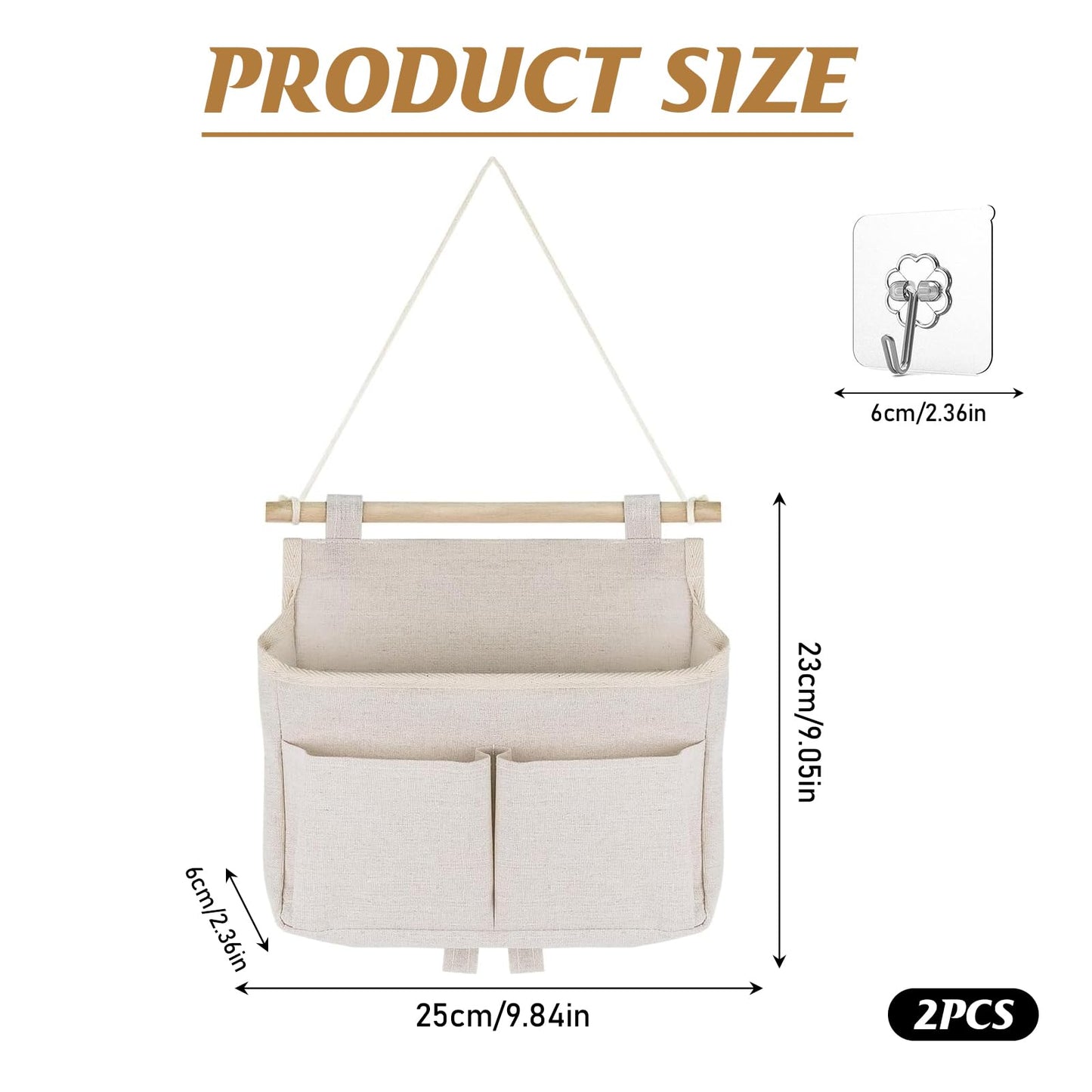 XoeLLe 2 Pcs Wall Hanging Storage Bags, Hanging Storage Organiser, Waterproof Hanging Shelves, Linen Cotton Bedside Storage, with 3 Pockets