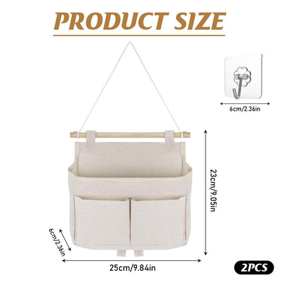 XoeLLe 2 Pcs Wall Hanging Storage Bags, Hanging Storage Organiser, Waterproof Hanging Shelves, Linen Cotton Bedside Storage, with 3 Pockets