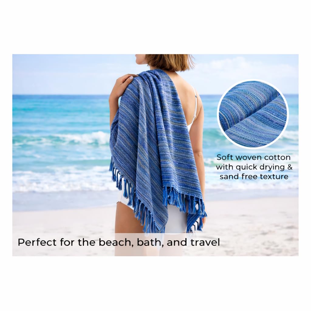 WEFLORIA Turkish Cotton Peshtemal Towel – Lightweight Quick Dry Beach Towel – Large Hammam Spa Towel for Beach, Bath, Travel and Pool (blue)