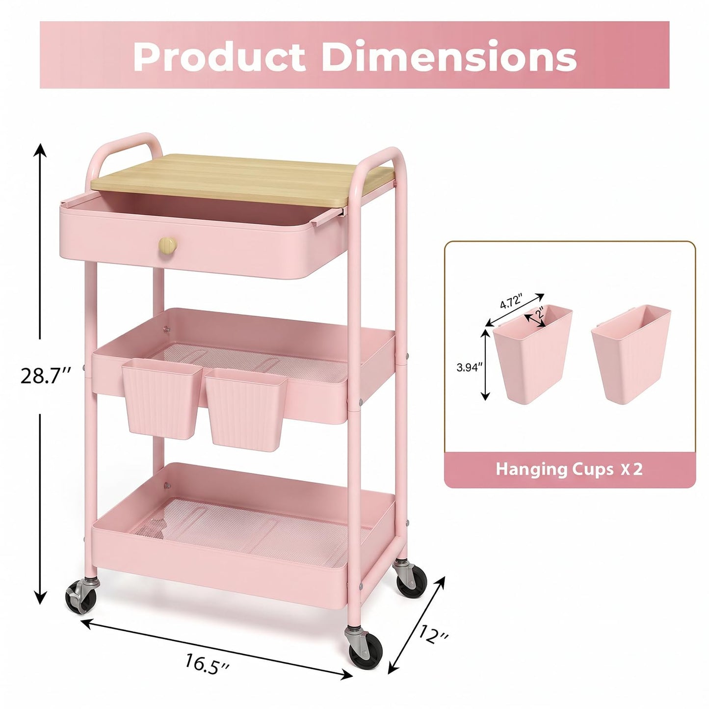 danpinera 3 Tier Rolling Cart, Metal Utility Cart with Wooden Table Top & Drawer, Rolling Carts, Storage Cart with Hanging Cups for Kitchen, Bathroom