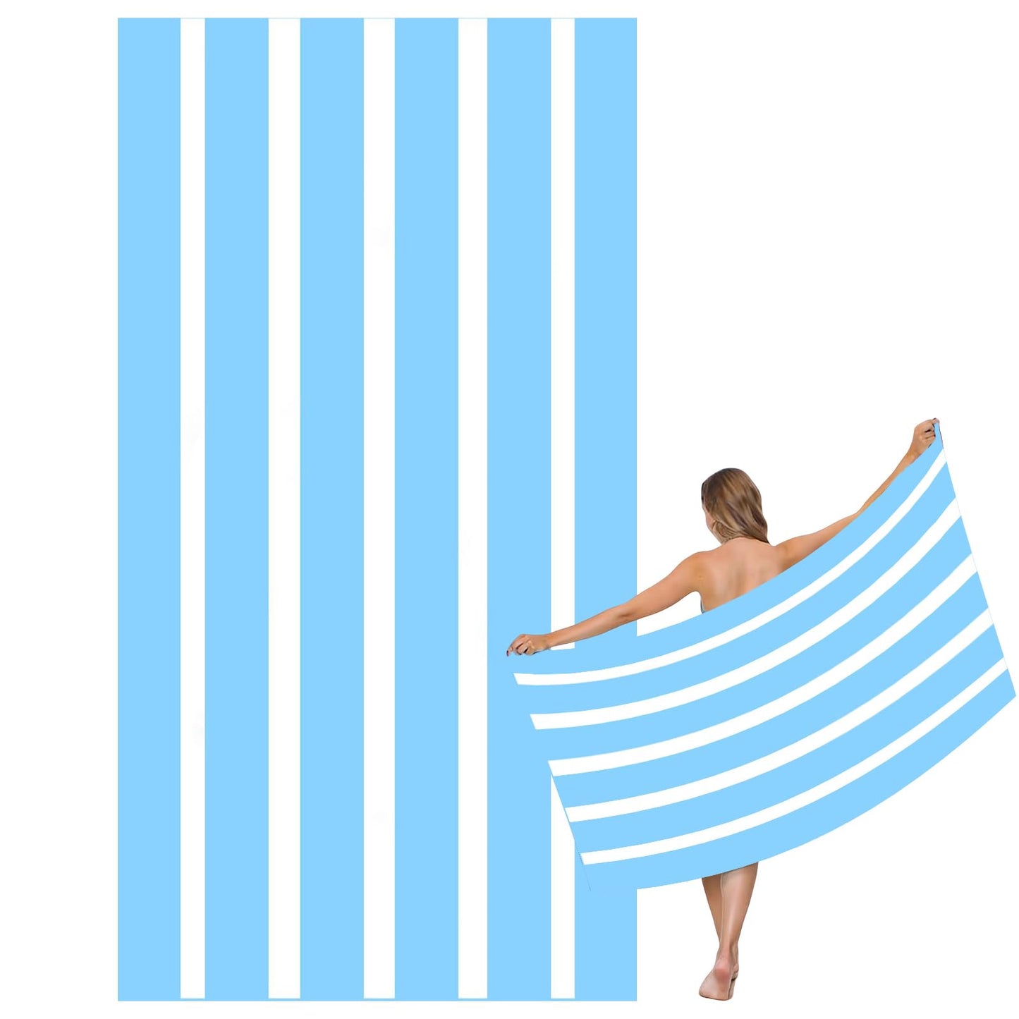 Large Quick Dry Microfibre Beach Bath Towel,Double Sides Light Blue White Striped Sand Free Beach Towel with Bag,Lightweight Gym Yoga Sports
