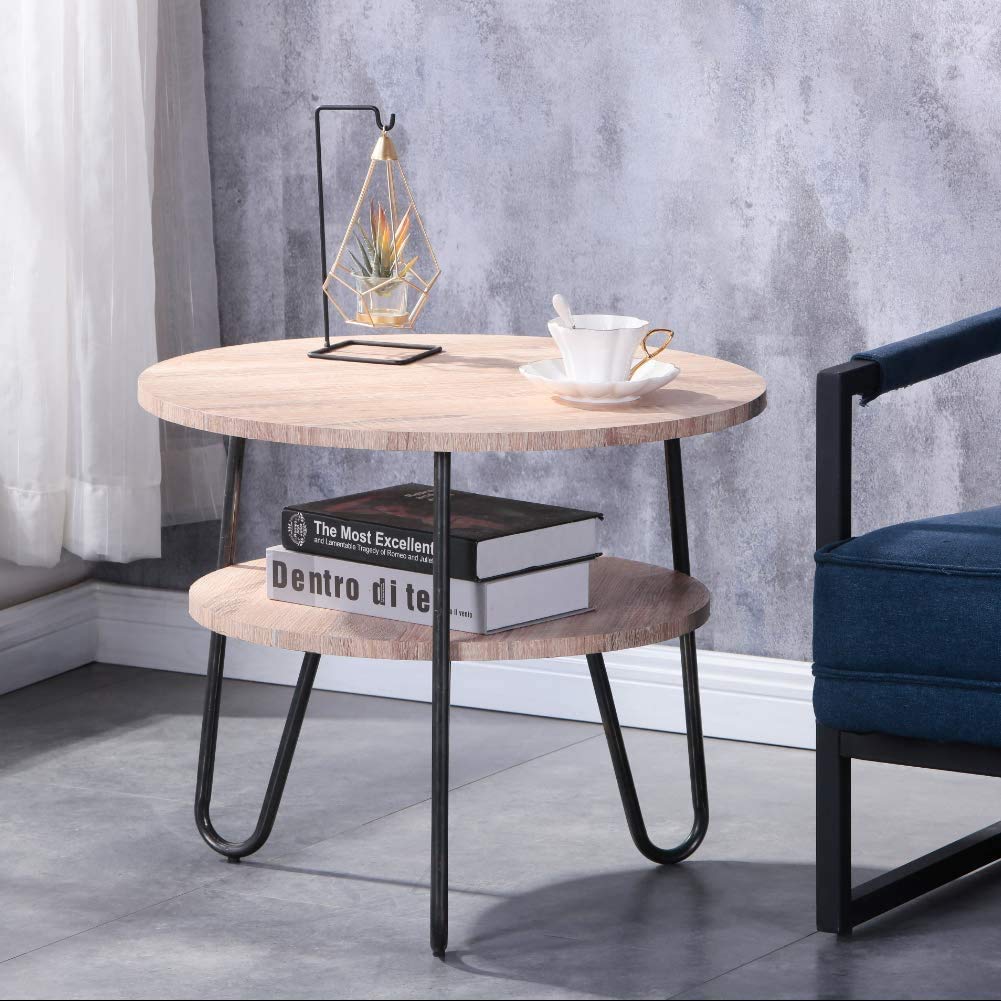 GOLDFAN Round Coffee Table Modern Side Table with 2 Tier Storage Wooden Snack Table Lamp Bedside Sofa Table for Living Room, Natural