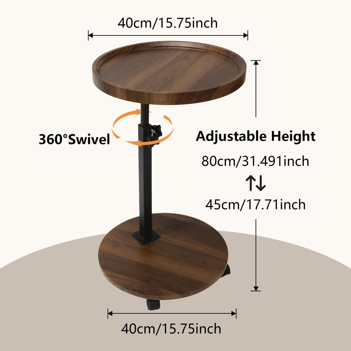 OUAYEMEL Side Table Adjustable Height, 360°Swivel End/Bedside Tables with Wheels for Sofa Bedroom Office Living Room, Coffee Tables for Small Spaces