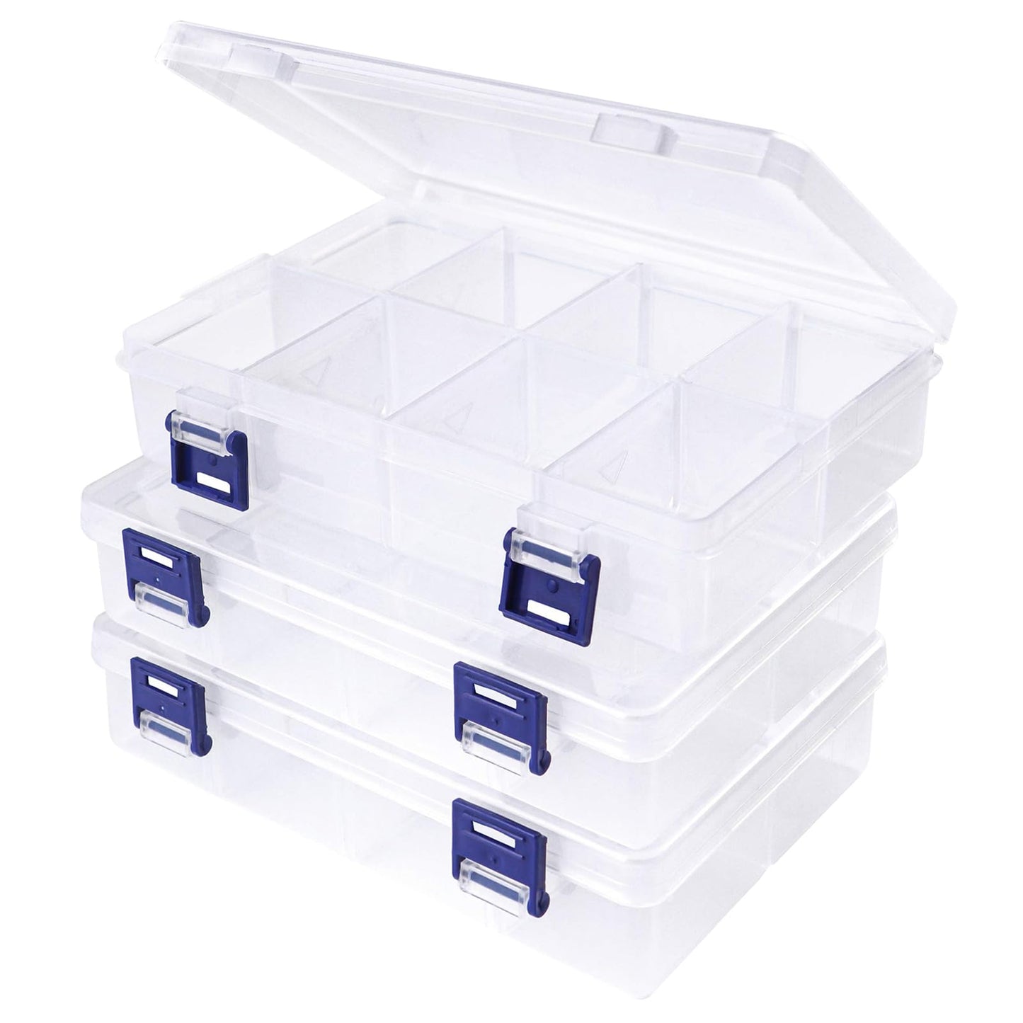 BOBPPOP 3 Pack Plastic Storage Boxes With Compartments, Adjustable Dividers Stackable Organiser, Transparent Container for Jewellery, Beads