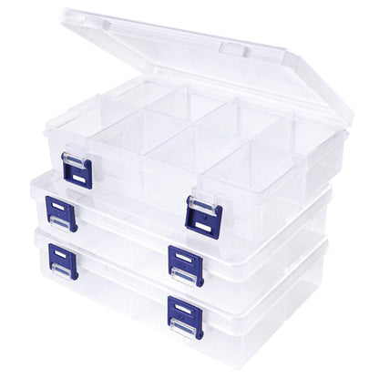 BOBPPOP 3 Pack Plastic Storage Boxes With Compartments, Adjustable Dividers Stackable Organiser, Transparent Container for Jewellery, Beads