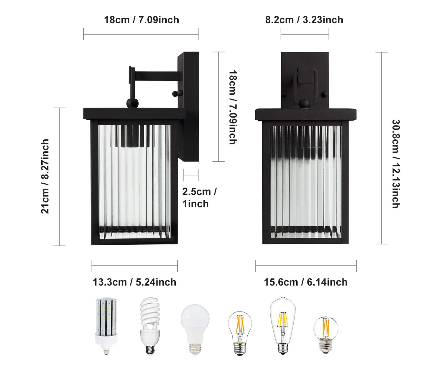 DAWALIGHT Outdoor Lantern Wall Lights Mains Powered Rectangle Porch Lantern Light Metal with Ribbed Glass Lampshade Wall Sconce, E27 Socket Wall Lamp