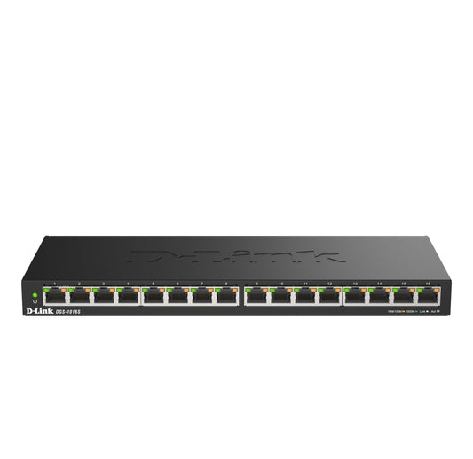D-Link DGS-1016S 16-Port Gigabit Unmanaged Switch, Fanless, Low Profile, Metal Housing, Desktop/Wall Mount, Plug-and-Play, 802.1p QoS, 802.3az EEE