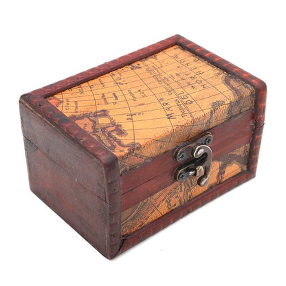 POFET Vintage Metal Lock Wooden Storage Box Jewelry Treasure Organizer Chest Case Gift Box - Map