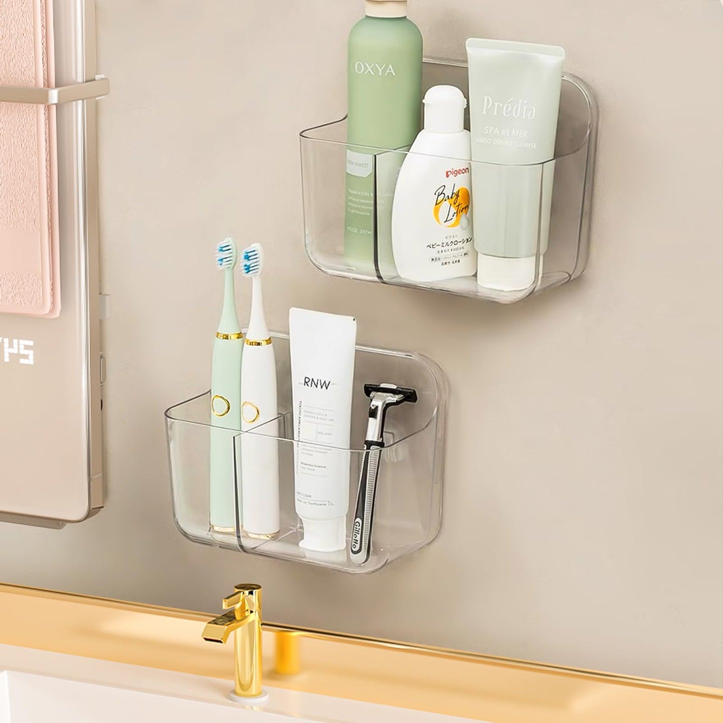 CGBE Plastic Wall Mount Organizer 2-Pack, Clear Cabinet Door Organizer with 2 Compartments, No Drilling Adhesive Acrylic Bathroom Shower Shelf