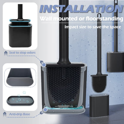 Athyior Silicone Toilet Brush with Holder Set - Flexible Bristles Toilet Brush Bendable Quick Drying Flooring Wall Mounted Long Handle Hygienic Deep