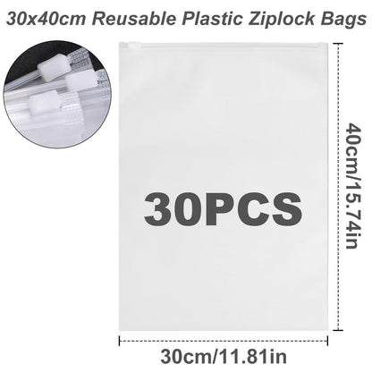 X-YSUNEAS 30 Pack Frosted Zipper Bags 40x30cm, Translucent Waterproof Storage Bags, Reusable Travel Organizer Pouches for Underwear, Towels, Shoes