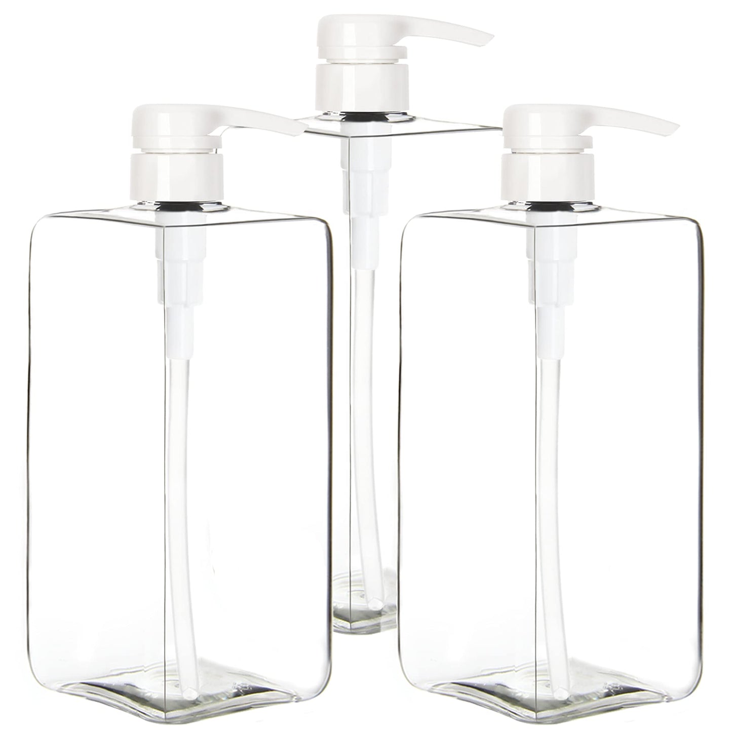 Youngever 3 Pack Pump Bottles for Shampoo 1000ML (1 Liter), Square Empty Shampoo Pump Bottles, Plastic Cylinder with Lockdown Leak Proof Pumps