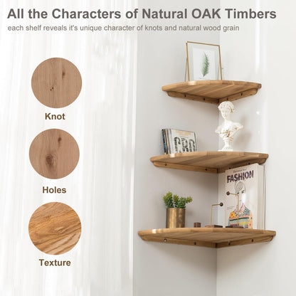 GIEANOO Corner Shelf, Solid Oak Wood Floating Corner Shelf Wall Mount 16inch Round End Floating Speaker Shelf With Wire Hole Shelves for Bedroom