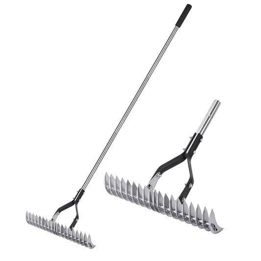 YEELOR Thatch Rake Landscaping Tools, 15 Inch Heavy Duty Garden Rake with Stainless Steel Handle, Lawn Loosening Soil Rake for Cleaning Dead Grass,