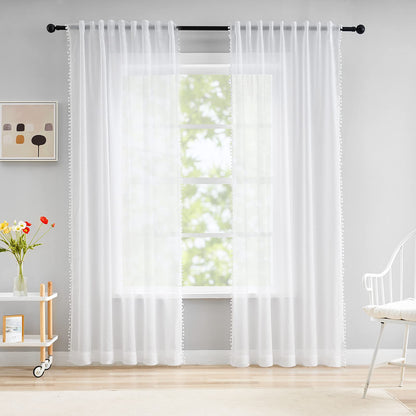 Snow White Sheer Curtains 52 x 90 Inch Bedroom Decorative Pompom Trimmed Voile Window Curtain for Living Room Light Weight Linen Look Solid Pencil