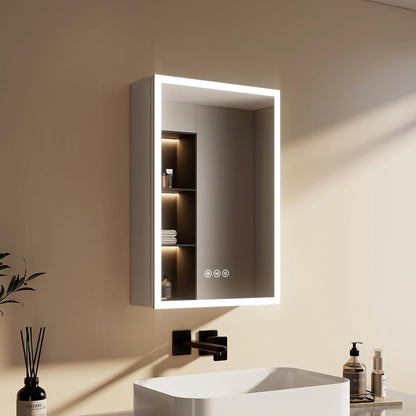 EMKE LED Lighted Bathroom Cabinet with Mirror, 400x600mm Single Door Wall Mounted Bathroom Mirror Cabinet with Shaver Socket, Anti-Fog