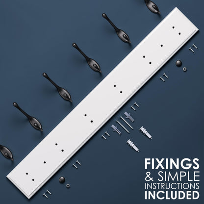 LARHN White Wall-Mounted Coat Rack - 6 Black Coat Hooks, 59cm