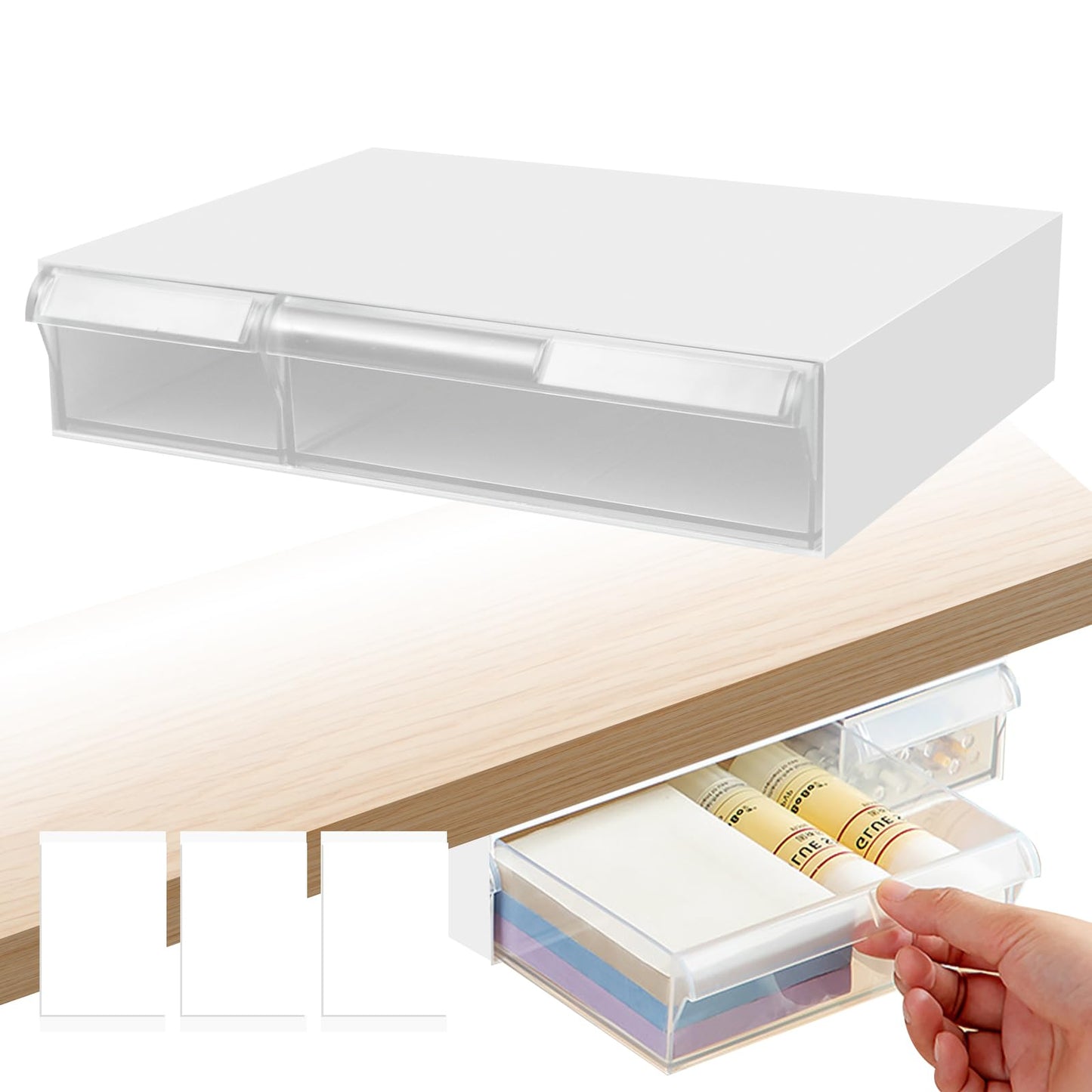 Under Desk Drawer, Desk Drawer, Self-Adhesive, Hidden Under Desk Drawers, Transparent Desk Drawers with 2 Compartments for Desk, Dressing Room