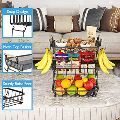 ANTOPY 3 Tier Fruit Basket with 2 Banana Hangers, Countertop Vegetable Bowl Kitchen Counter Metal Mesh Fruits Stand Produce Holder Organizer Onion Potato Bread Snack Veggie, Black