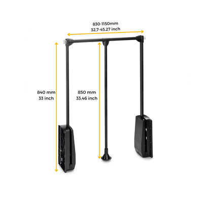 Emuca - Hang Pull Down Wardrobe Rail Lift, Adjustable Width 32,6-45,27 inch (830-1150mm), Steel and Plastic, Black