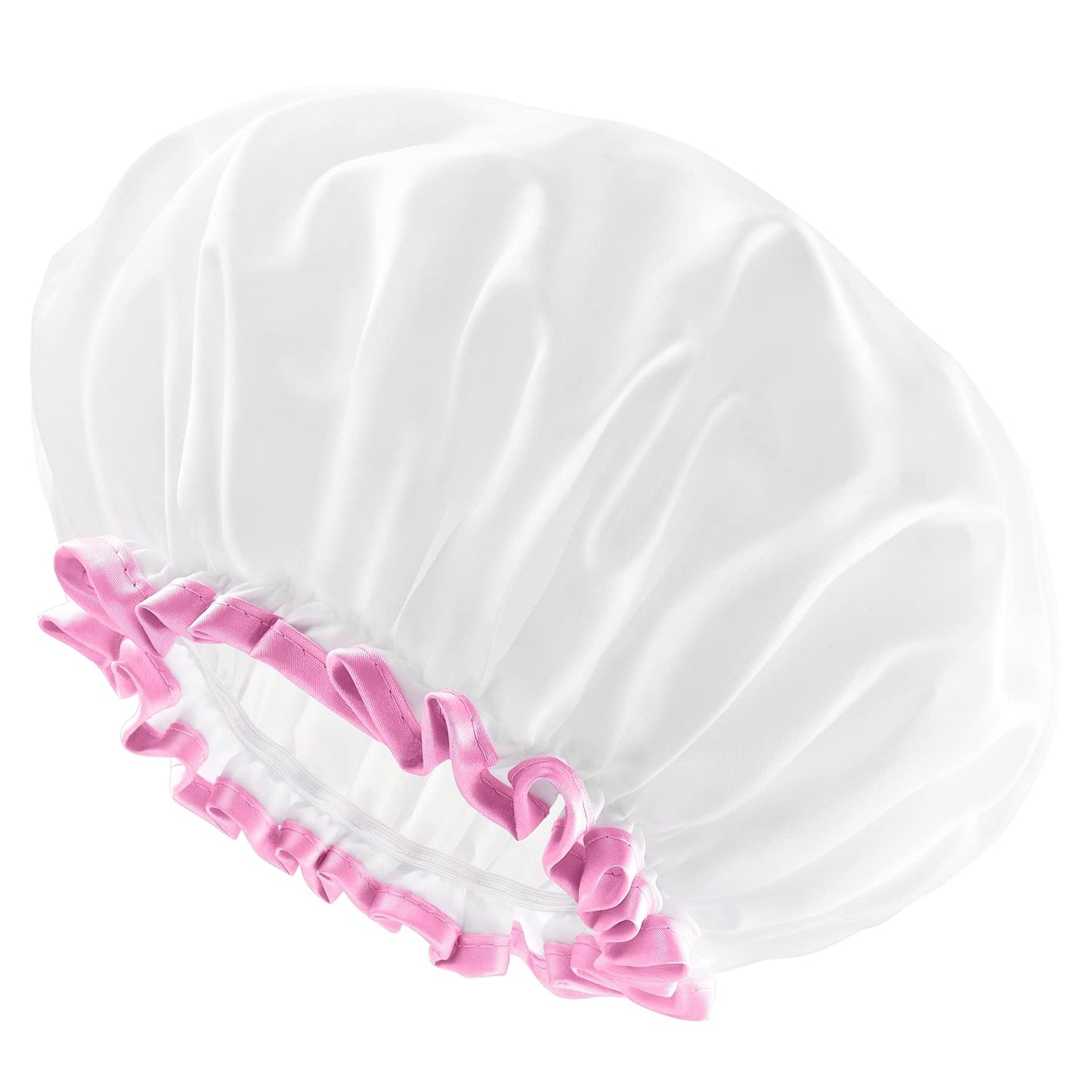 mikimini White Large Shower Caps for Women Long Hair Pack of 2, Reusable Waterproof Double Layers Bathing Hair Cap Soft Comfortable PEVA Lining, Cute,