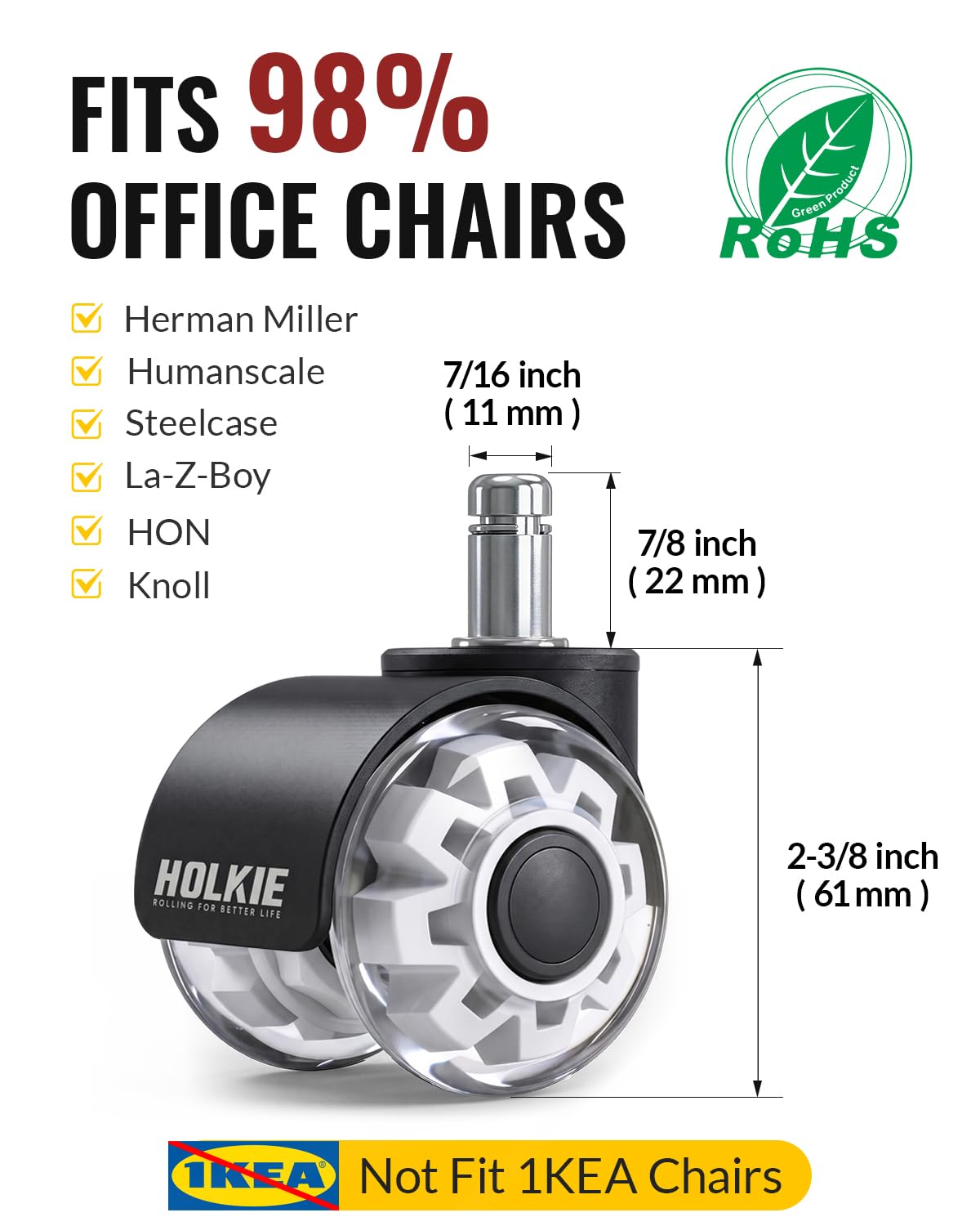 HOLKIE Office Chair Wheels 11mm Universal Fit 2 Inch Castors Replacement, White Core Dual Rubber Smooth & Silent Chair Casters Wheels-Set of 5 For