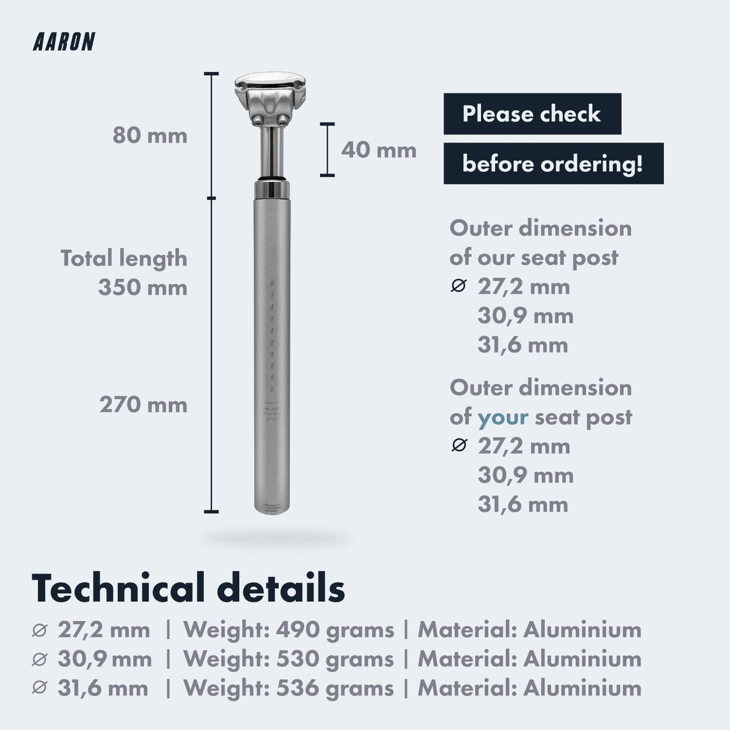 AARON - Spring suspension seatpost - Aluminum - For E-bikes, MTB, Trekking Bikes, City Bikes - 27.2mm Diameter, 13.8" (350mm) Length - silver