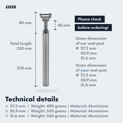 AARON - Spring suspension seatpost - Aluminum - For E-bikes, MTB, Trekking Bikes, City Bikes - 27.2mm Diameter, 13.8" (350mm) Length - silver