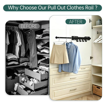 Pull out Clothes Rail, Adjustable Clothes Rail Pole with 4 Hooks, Heavy Duty Stainless Steel Extendable Wardrobe Rail for Closet, Laundry Room