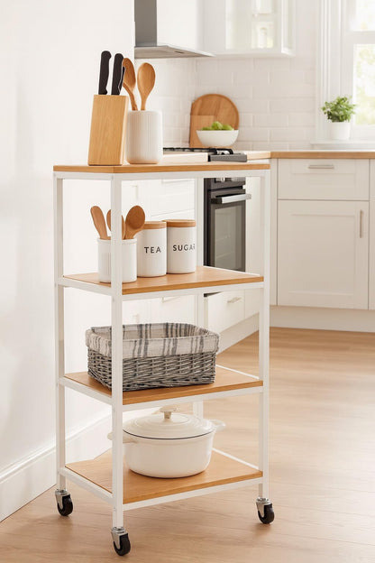A ASPECT 4 Tiers Storage Trolley On Wheels With Wooden Shelves,Natural/White
