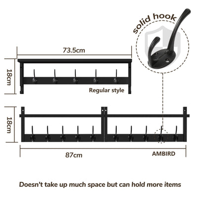 AMBIRD 87cm Extra Wooden Wall Coat Rack with Shelf - Elegant and Functional Wall-Mounted Storage Solution with 10 Hooks for Coats, Hats, Keys