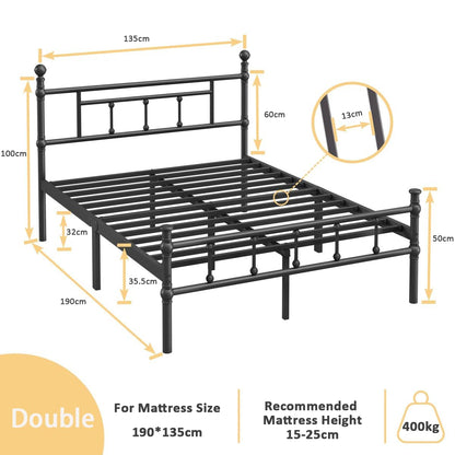Apextella Home 4ft6 Double Bed Frame Heavy Duty Steel Bed with Headboard and Footboard Black Metal Slat Support and 32cm Underbed Storage Space Easy