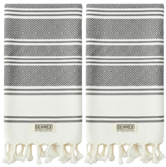 DEMMEX Organic Turkish Cotton Hand Towels Set of 2, Quick Dry Soft Diamond Weave, Absorbent Prewashed OEKO-TEX Bathroom Kitchen Towels 45x90cm (Dark