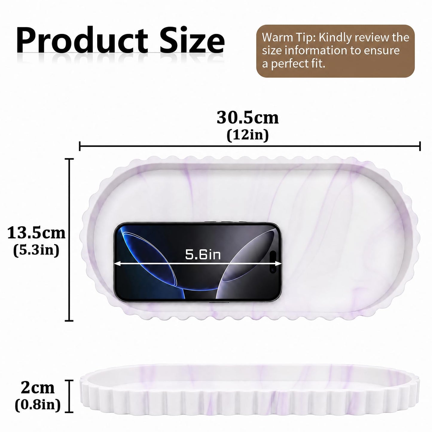 Bathroom Tray - 30.5 x 13.5 cm Oval Vanity Tray for Bathroom Countertop Silicone with Scalloped Edge