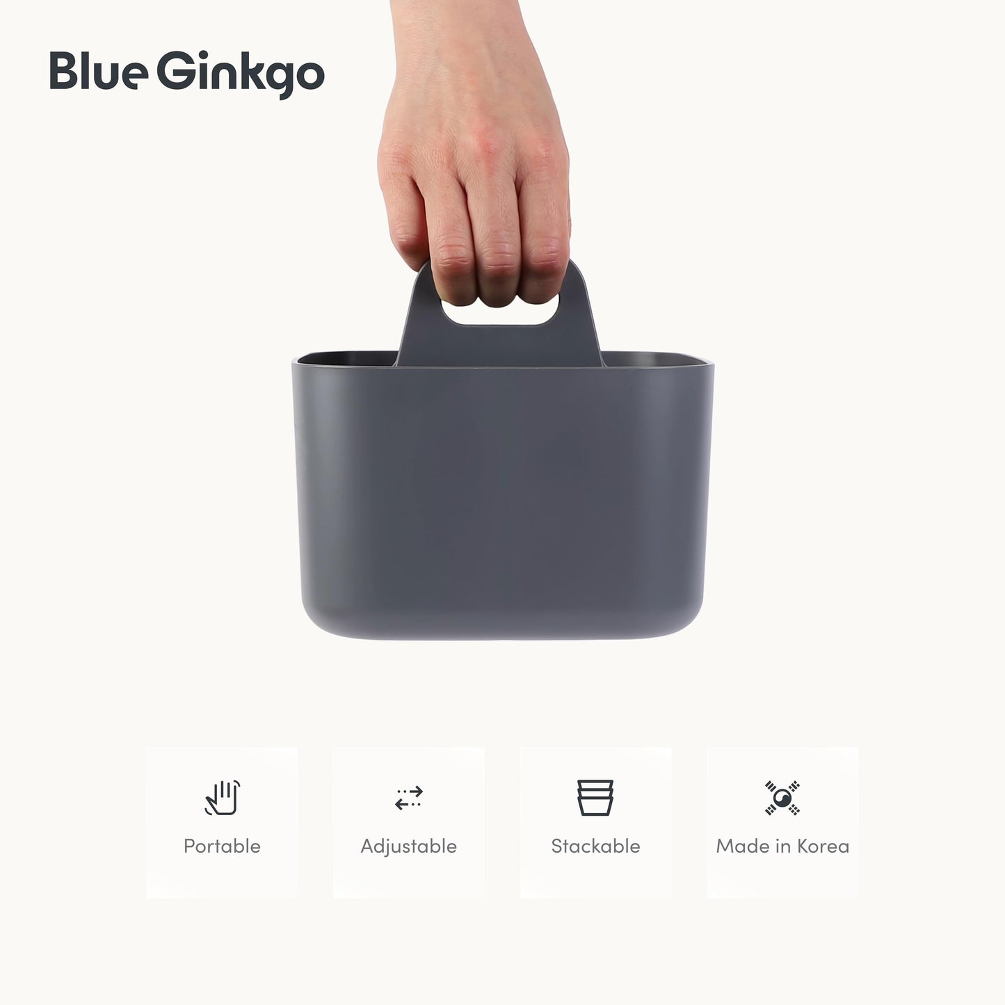 BLUE GINKGO Stackable Organizer Caddy – Korean-Made Portable Tote for Bathroom, Office, Crafts, or School Supplies (Square, Grey)