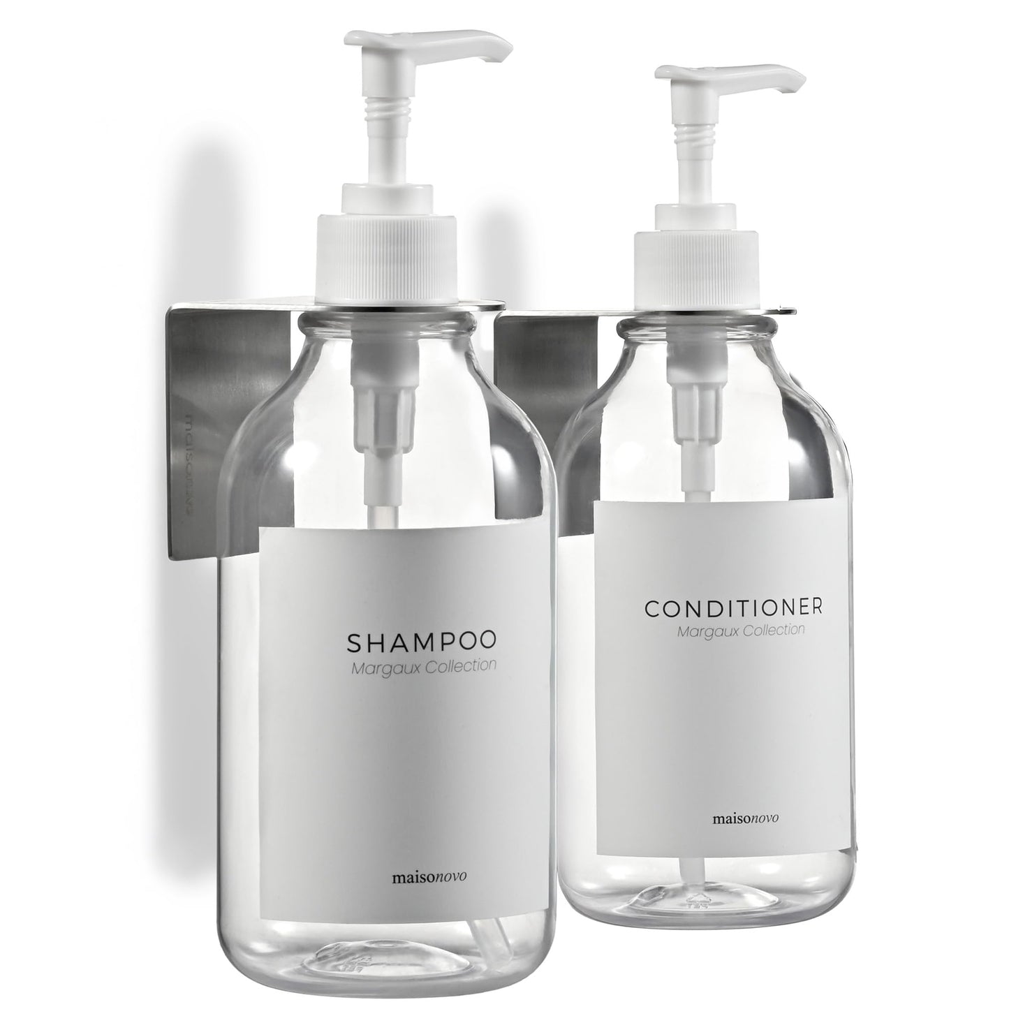 MaisoNovo Shampoo and Conditioner Dispenser - Set of 2 Shower Soap Dispensers Wall Mounted - 500ml Clear Plastic Bottles with White Pump - No Drill