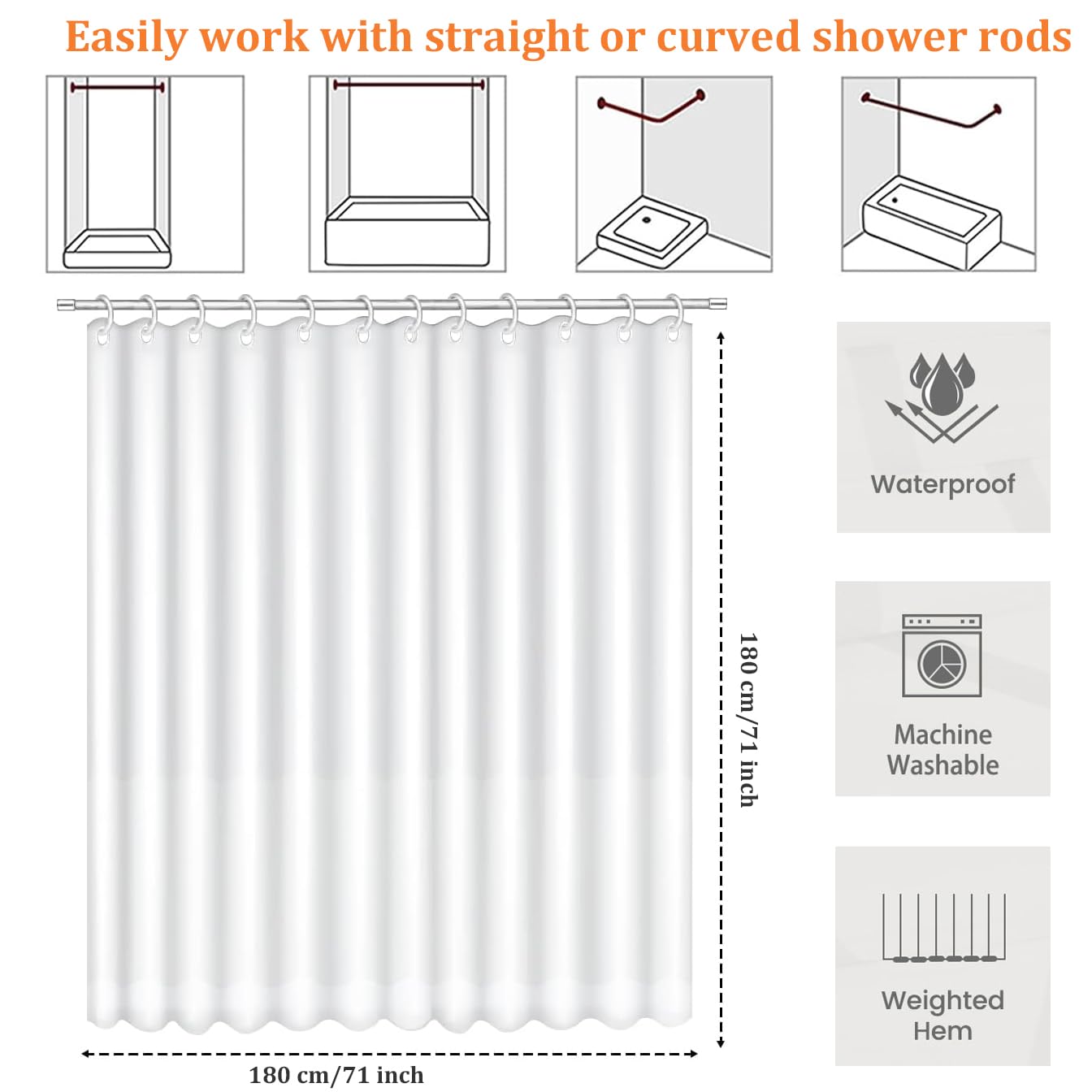 qisheng Shower Curtain for Bathroom - Mould and Mildew Resistant - White, 180 x 180 cm (71 x 71 Inch) 100% PEVA