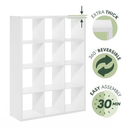 Furinno CUBICLE Book Shelf, 12-Cube Thick Frame Bookshelf, Reversible Bookcase with Open Back, 37.08 x 111.25 x 147.32 cm, for Living Room, Bedroom