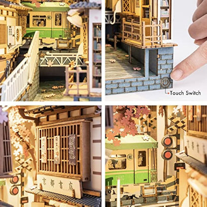 ROBOTIME Wooden Book Nook Dollhouse Kit,DIY Wall Hanging Miniature Room, Puzzle House Model Building Kits with LED Lights, Home, Bookshelf Decor (Sakura Densya)