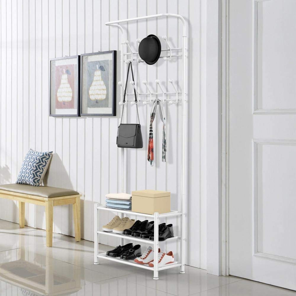 Coat Rack Shoe Bench with 8 removable Hooks, Metal Coat Hat Rack Free Standing Clothes Stand with 3-Tier Shoe Rack Bench, Hat Stand Hallway Organiser