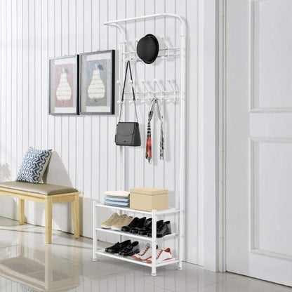 Coat Rack Shoe Bench with 8 removable Hooks, Metal Coat Hat Rack Free Standing Clothes Stand with 3-Tier Shoe Rack Bench, Hat Stand Hallway Organiser