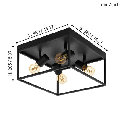 Eglo Silentina 4 Flush Ceiling Light, 4-Flame Industrial Design Living Room, Kitchen or Hallway Lamp, Black Steel Wall Lighting, E27 Socket