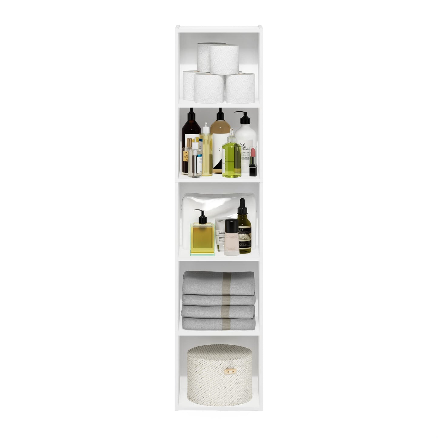 Furinno PASIR Book Shelf, 5-Tier Modern Bookshelf, Open Shelves Bookcase 22.9cm x 30.5cm x 132.1cm, for Living Room, Bedroom, Home Office, Plain White